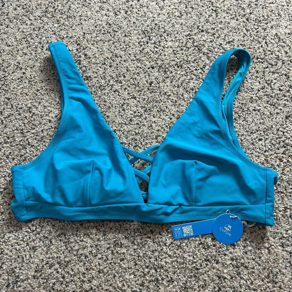 Cupshe Bikini Top Size 1X Teal Blue Tie Back NWT - Picture 2 of 7